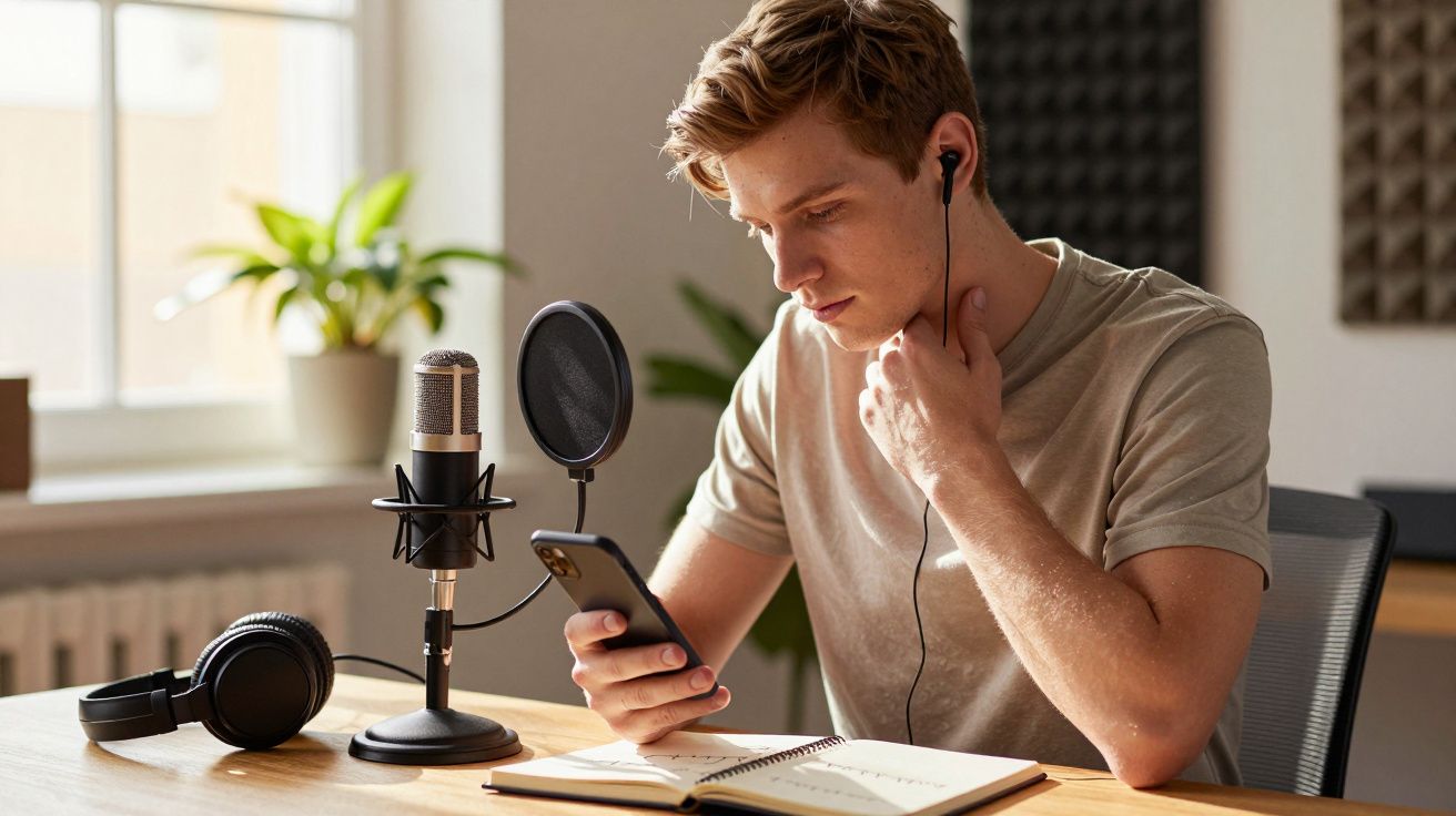 Jovem com auscultadores grava áudio num estúdio, com microfone, telemóvel e caderno em cima da mesa.