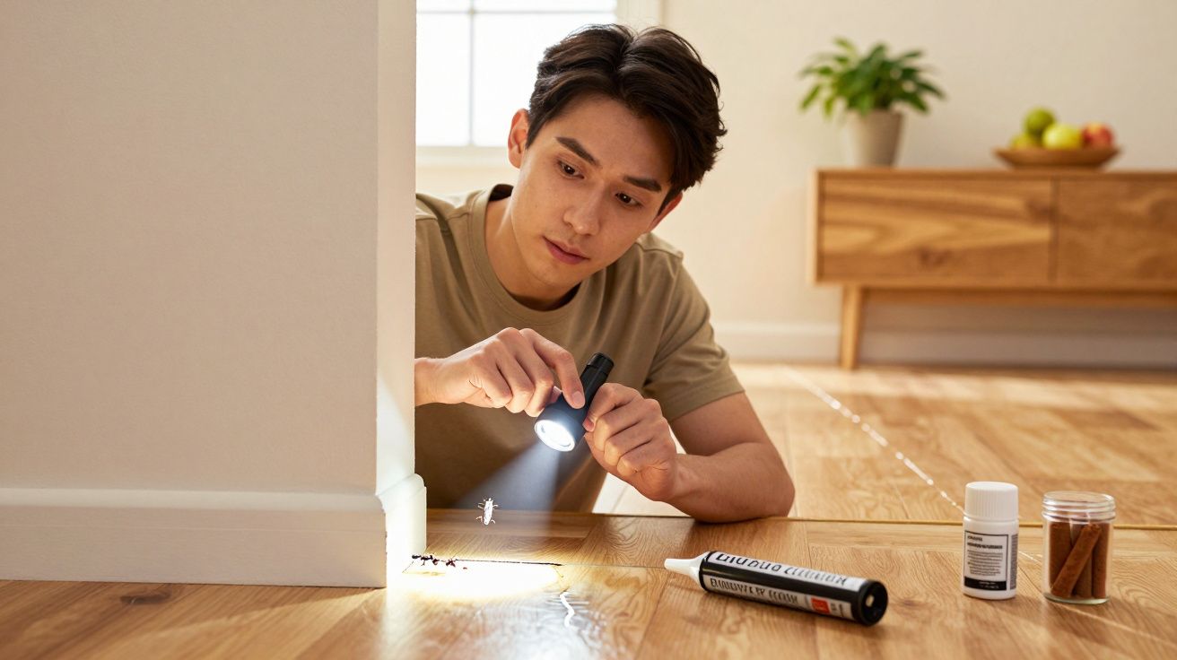 Homem observa formigas no chão com uma lanterna, num ambiente doméstico, ao lado de produtos de limpeza.