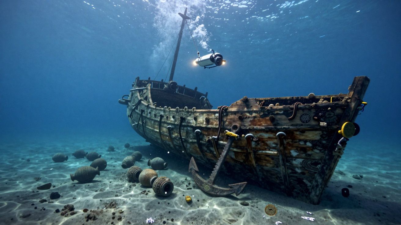 Navio naufragado no fundo do mar, rodeado por ânforas e pedras, com um mergulhador explorando ao redor.
