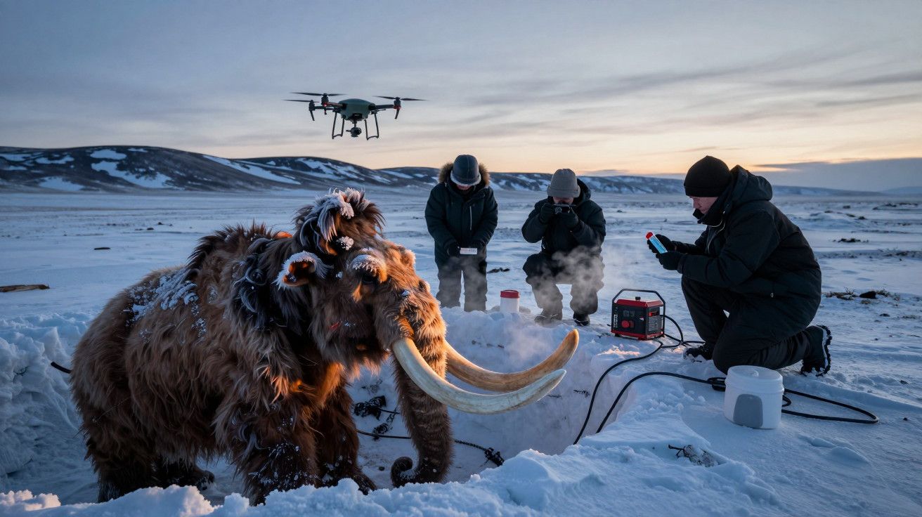 Cena ártica com um mamute-lanoso, três pessoas a trabalharem, e um drone a sobrevoar na neve.