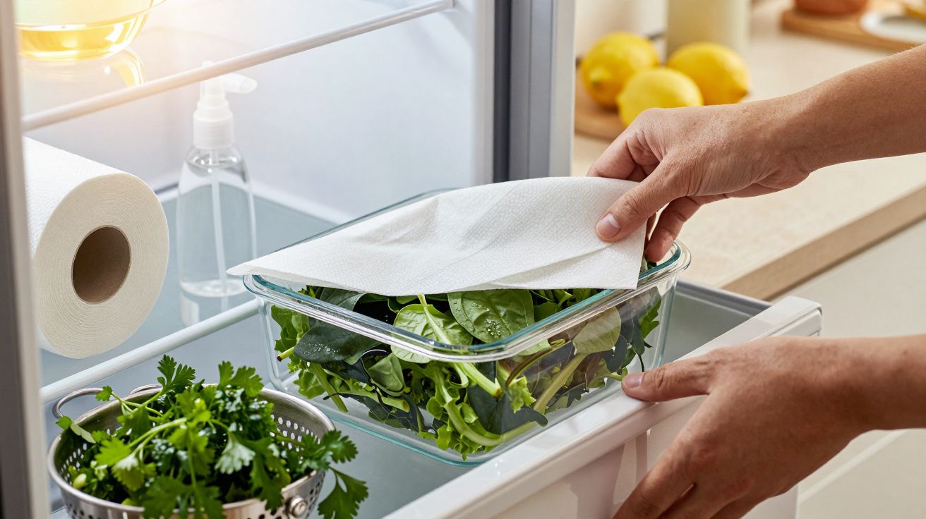 Mãos cobrem salada verde com papel de cozinha dentro de uma caixa transparente no frigorífico.