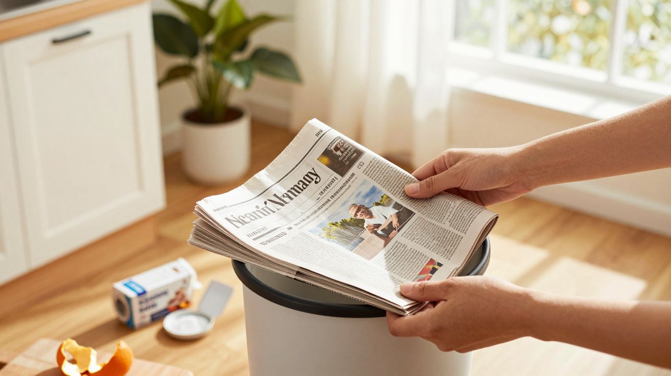 Pessoa a descartar jornal num caixote do lixo na cozinha, com planta ao fundo.