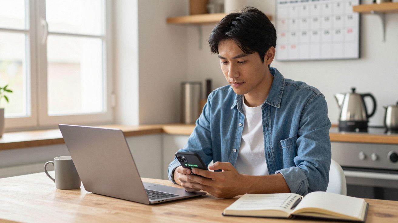 Homem sentado à mesa com portátil e telemóvel, rodeado por caderno, chávena e utensílios de cozinha.