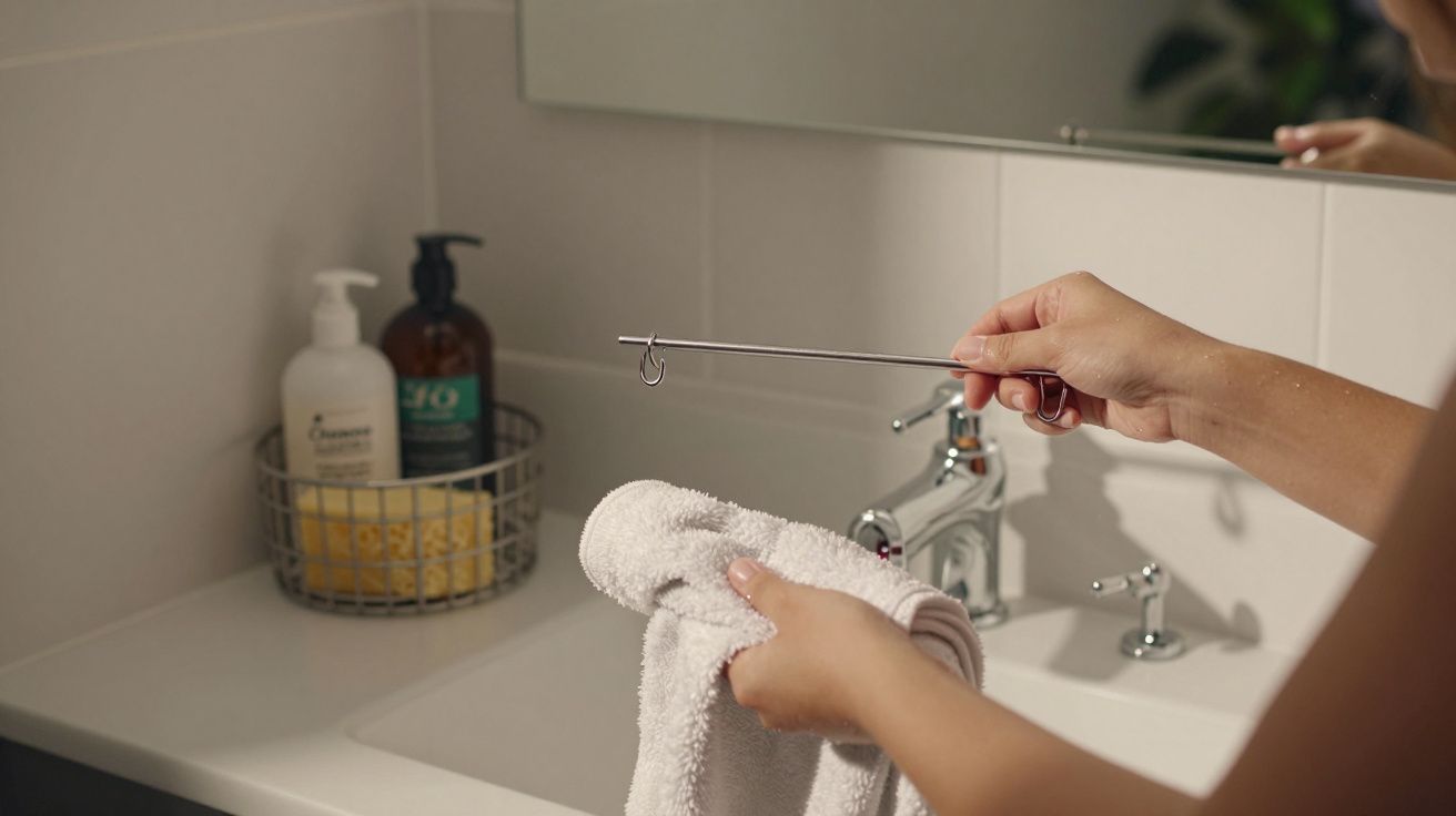 Mãos seguram uma toalha branca ao lado de um lavatório com torneira prateada e produtos de higiene.