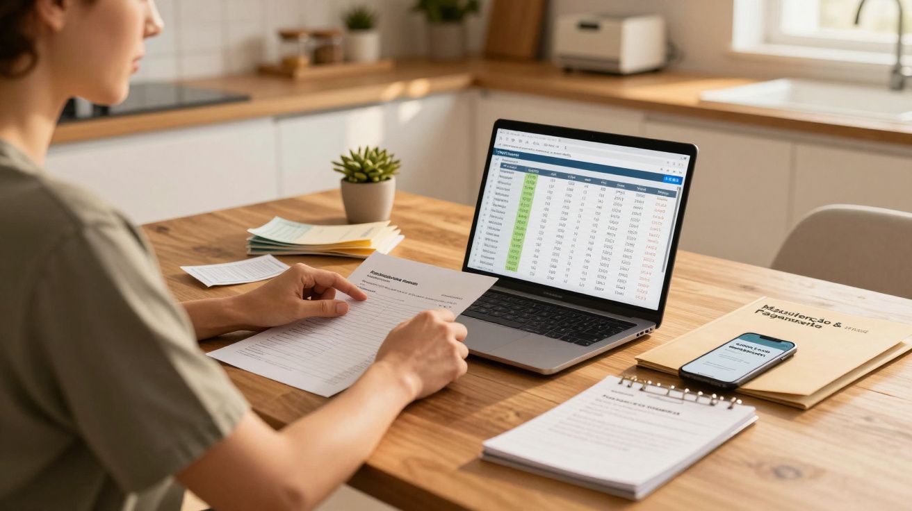 Pessoa a trabalhar em casa com computador portátil, documentos e telemóvel numa mesa de madeira.