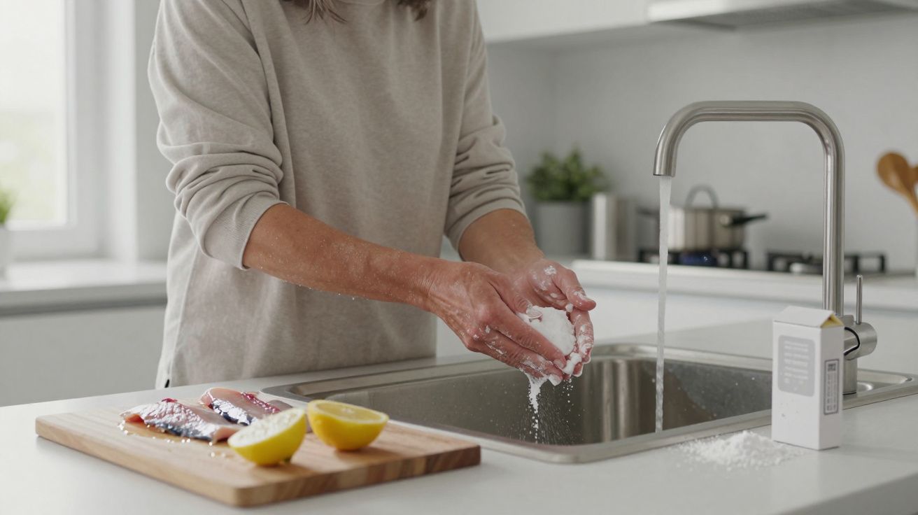 Pessoa lava as mãos com sal na cozinha, ao lado de uma tábua com peixe e limão. Pia com água corrente.