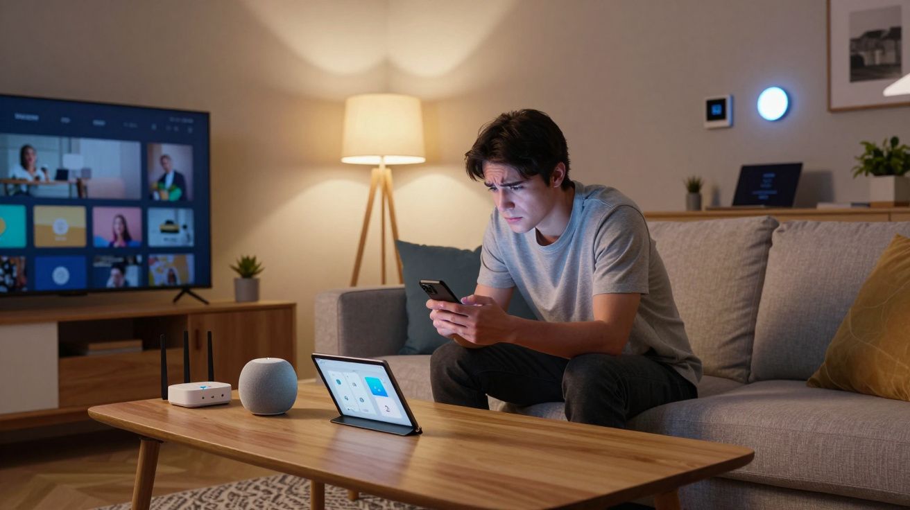 Homem sentado no sofá a usar o telemóvel, com tablet e TV ligada em videoconferência ao fundo.