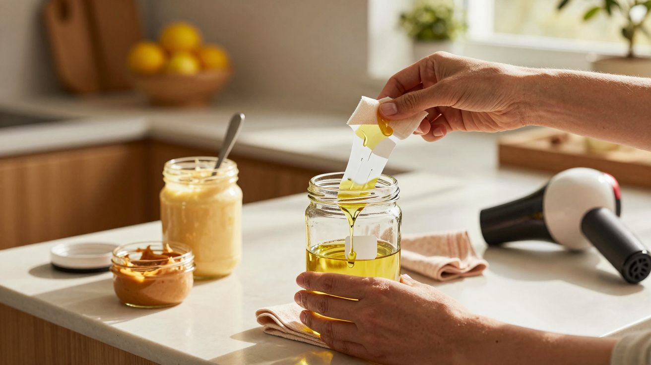 Mãos segurando uma espátula mergulhada num frasco de óleo, com potes de manteiga ao fundo numa cozinha iluminada.