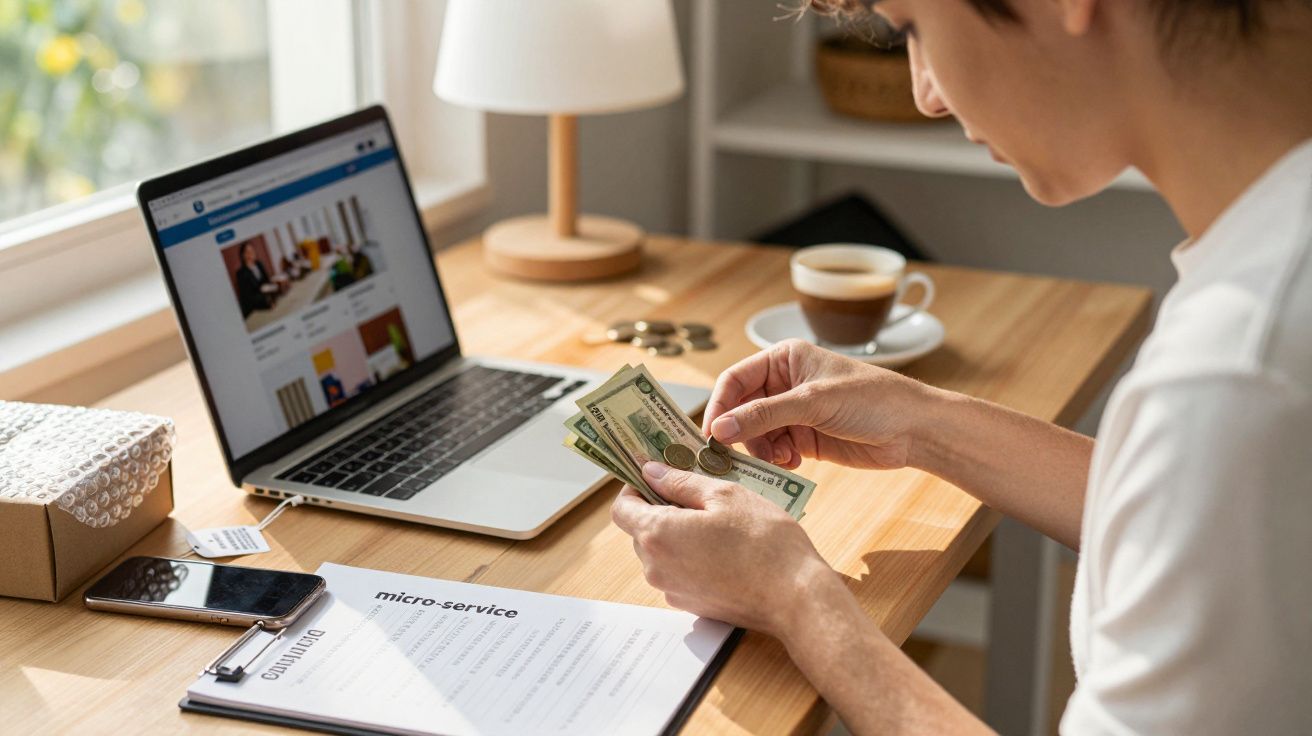 Pessoa conta dinheiro numa secretária com um portátil, café e bloco de notas ao lado de uma janela.