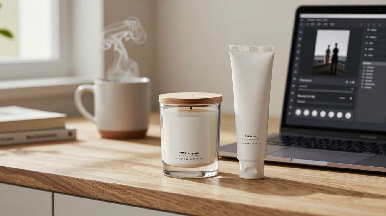 Vela e tubo de creme sobre mesa de madeira, ao lado de portátil e chávena. Fundo com janela iluminada.