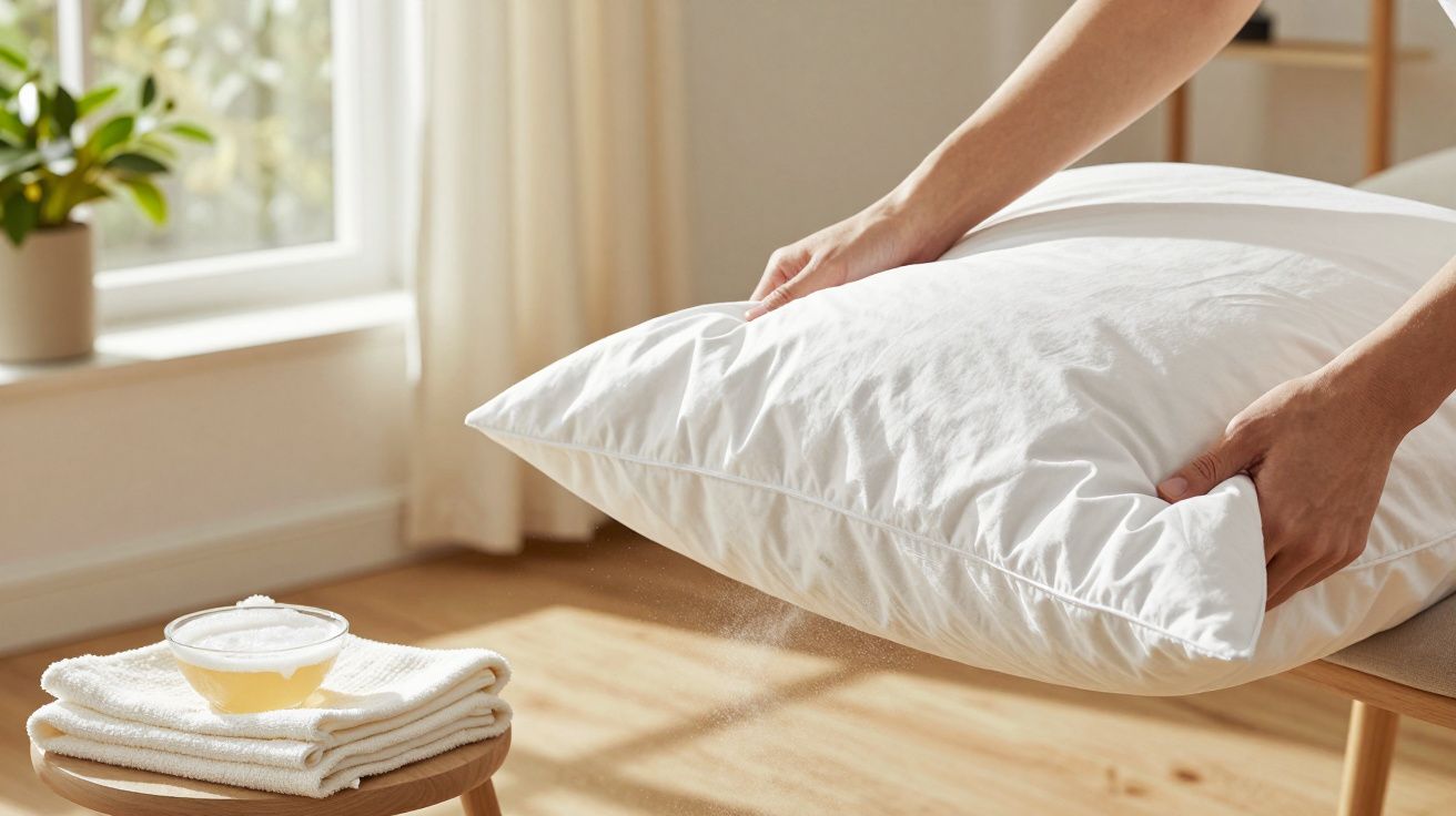 Mãos arrumam uma almofada branca num quarto iluminado. Toalhas e uma taça estão numa mesa ao lado.
