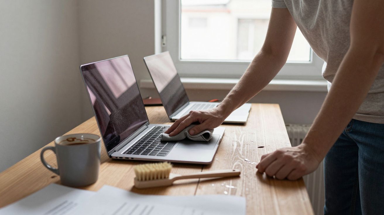 Pessoa limpa um portátil numa mesa de madeira, ao lado de outro portátil, um copo, uma escova e papéis.