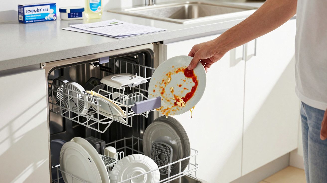 Pessoa a colocar prato sujo de molho de tomate na máquina de lavar loiça cheia de pratos.