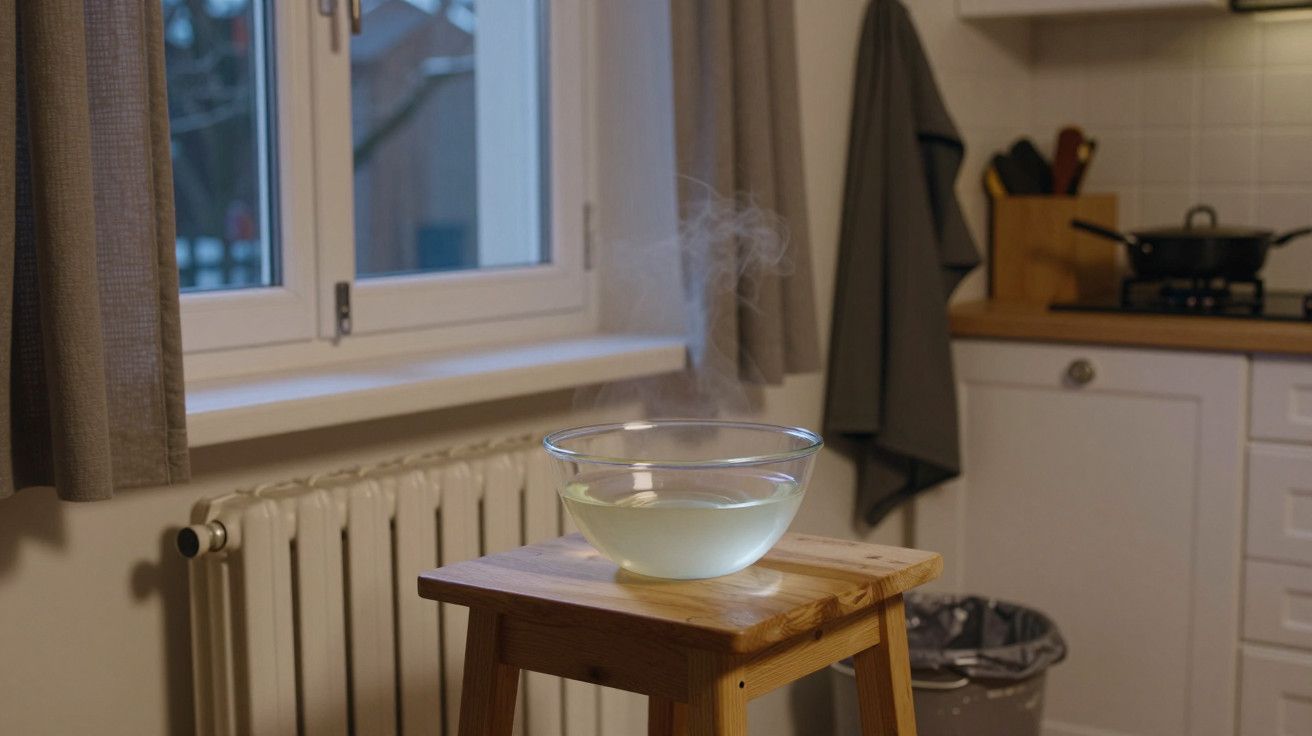 Tigela de vidro com água quente a fumegar, sobre um banco de madeira numa cozinha com janela e cortinas cinzentas.