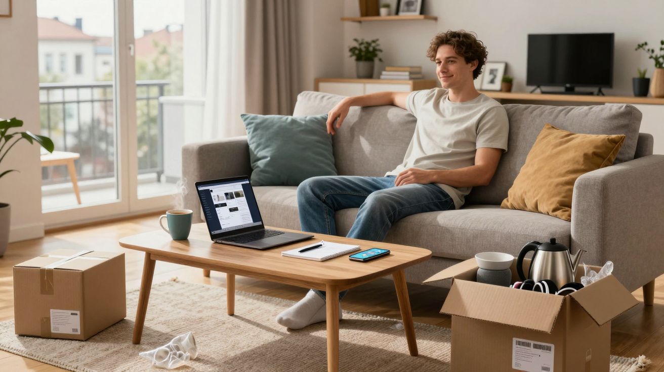 Homem sentado no sofá numa sala moderna, com portátil e telemóvel sobre a mesa, caixas de mudança ao redor.