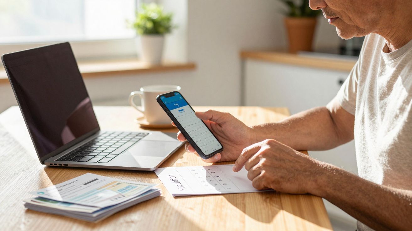 Homem usando smartphone e portátil numa mesa com documentos em casa, em ambiente iluminado por sol.
