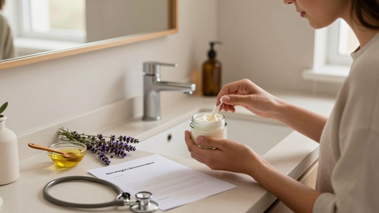 Mulher aplicando creme de um frasco no lavatório da casa de banho, com alfazema e folha médica ao lado.