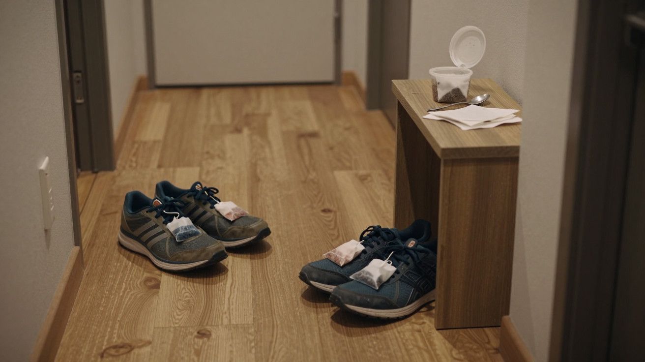 Dois pares de ténis azuis com saquetas, colocados num corredor de madeira junto a uma mesa pequena com pote aberto.