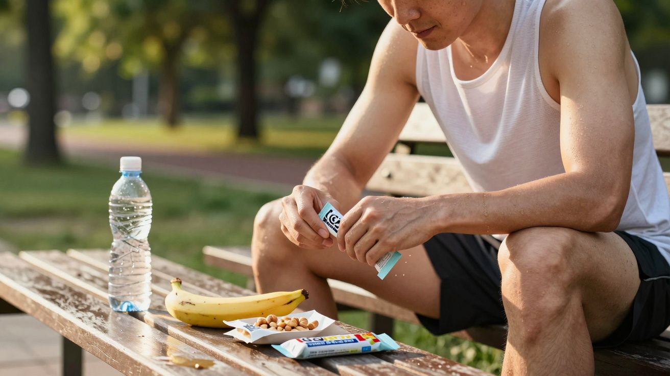 Homem sentado num banco de parque, segurando um snack. Sobre a mesa, uma banana, amendoins e água.