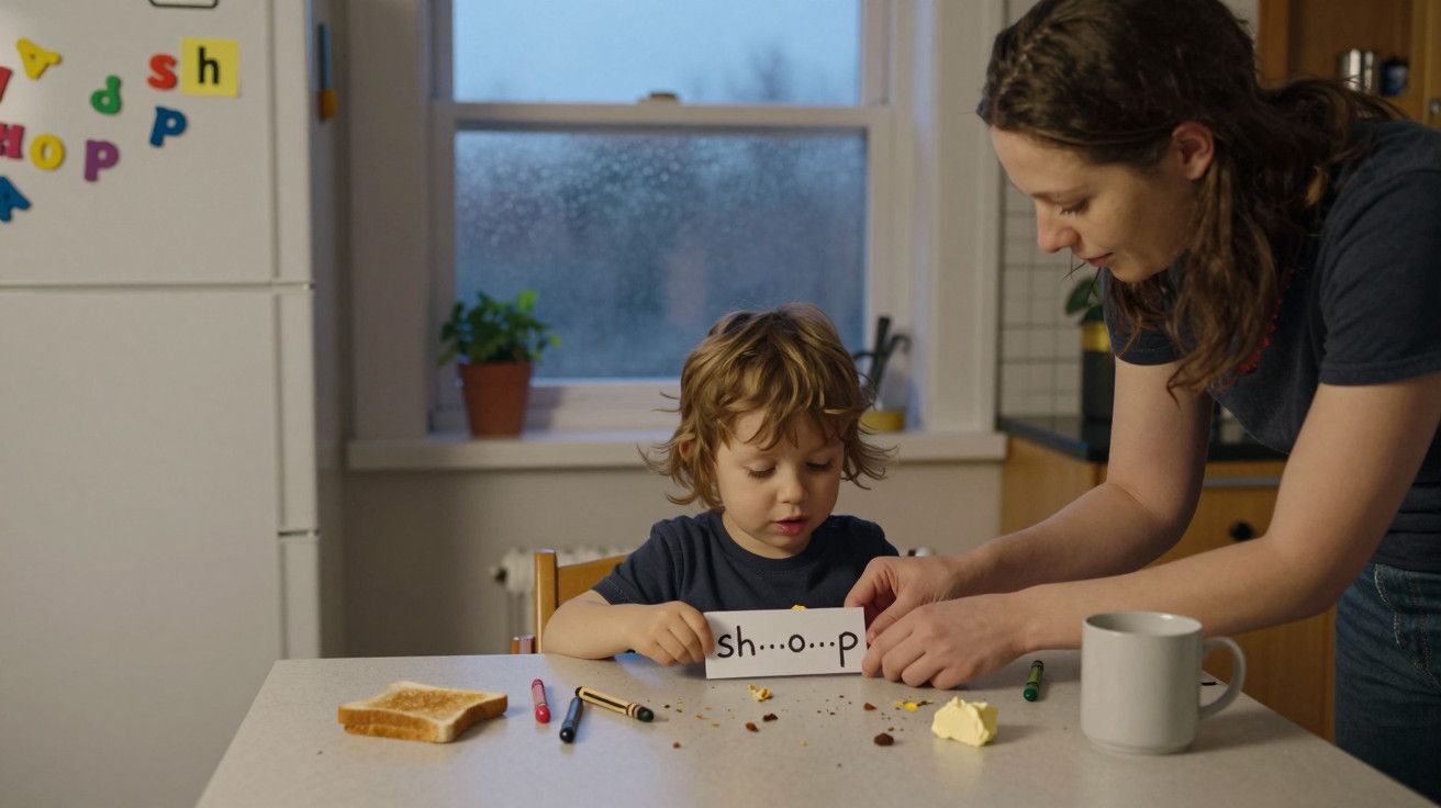Criança e adulto numa cozinha, focados numa atividade de leitura. Há pão e lápis coloridos na mesa.