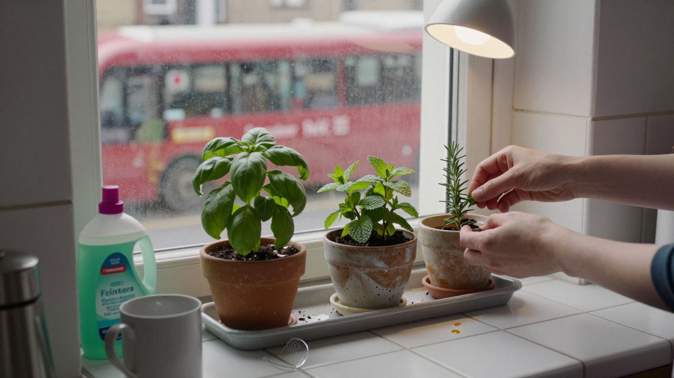 Três vasos de ervas numa janela com luz de leitura, mãos a cuidar das plantas, autocarro desfocado ao fundo.