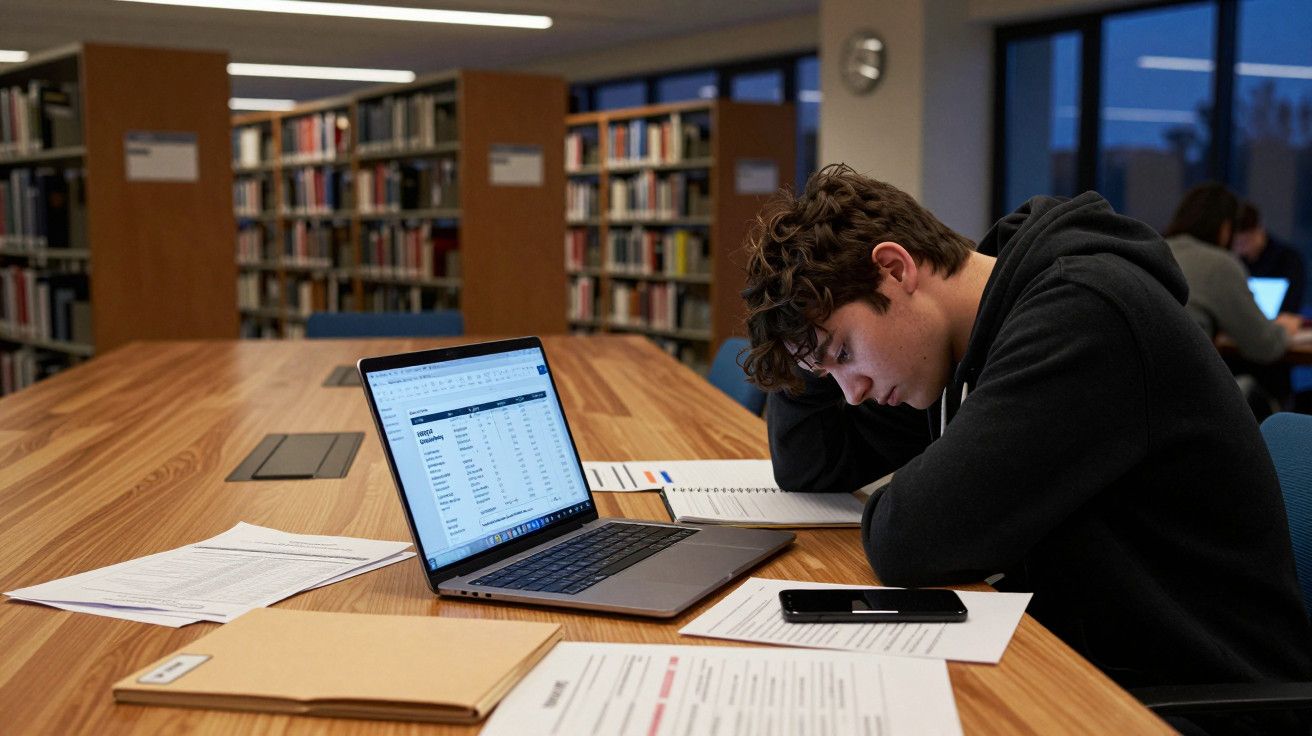 Jovem a estudar numa biblioteca, com um portátil aberto e documentos sobre a mesa. Ele parece concentrado e cansado.