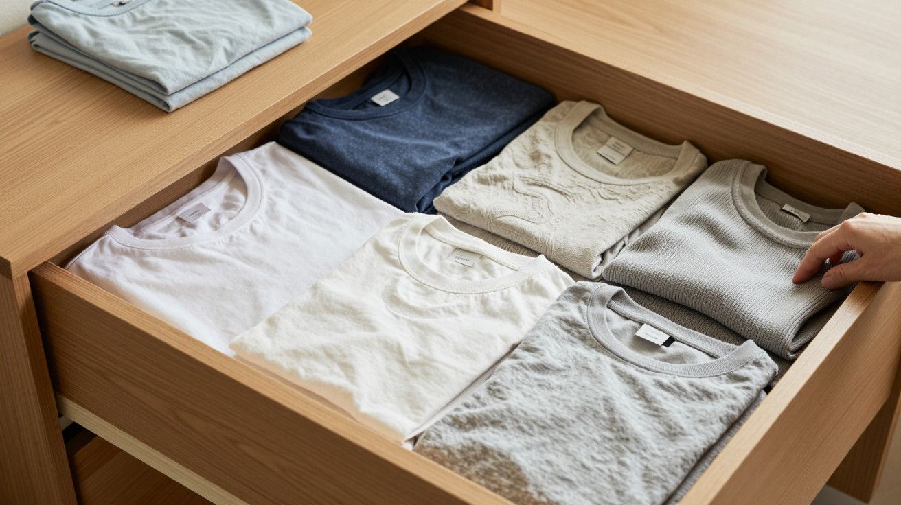 Gaveta com t-shirts dobradas em tons neutros e azuis, organizadas em linhas. Mão a abrir a gaveta.
