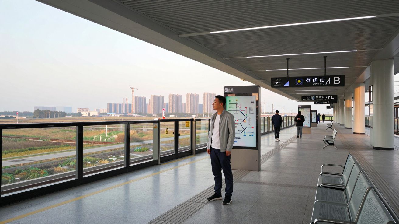 Homem numa plataforma de estação de metro moderna, com mapa ao fundo e arranha-céus à distância.
