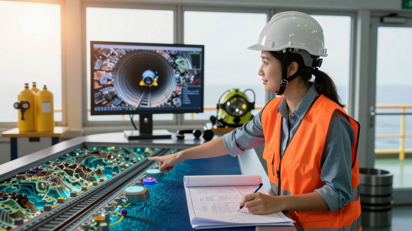 Mulher em capacete e colete, analisa mapas e gráficos num monitor num escritório com janela panorâmica.