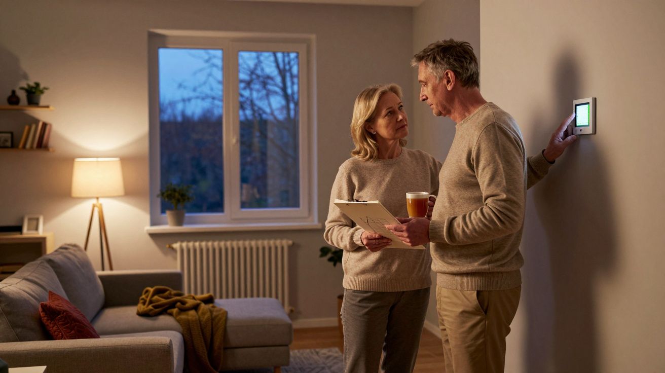 Casal discute controle de temperatura numa sala acolhedora à noite. Mulher segura caderno, homem ajusta termóstato.