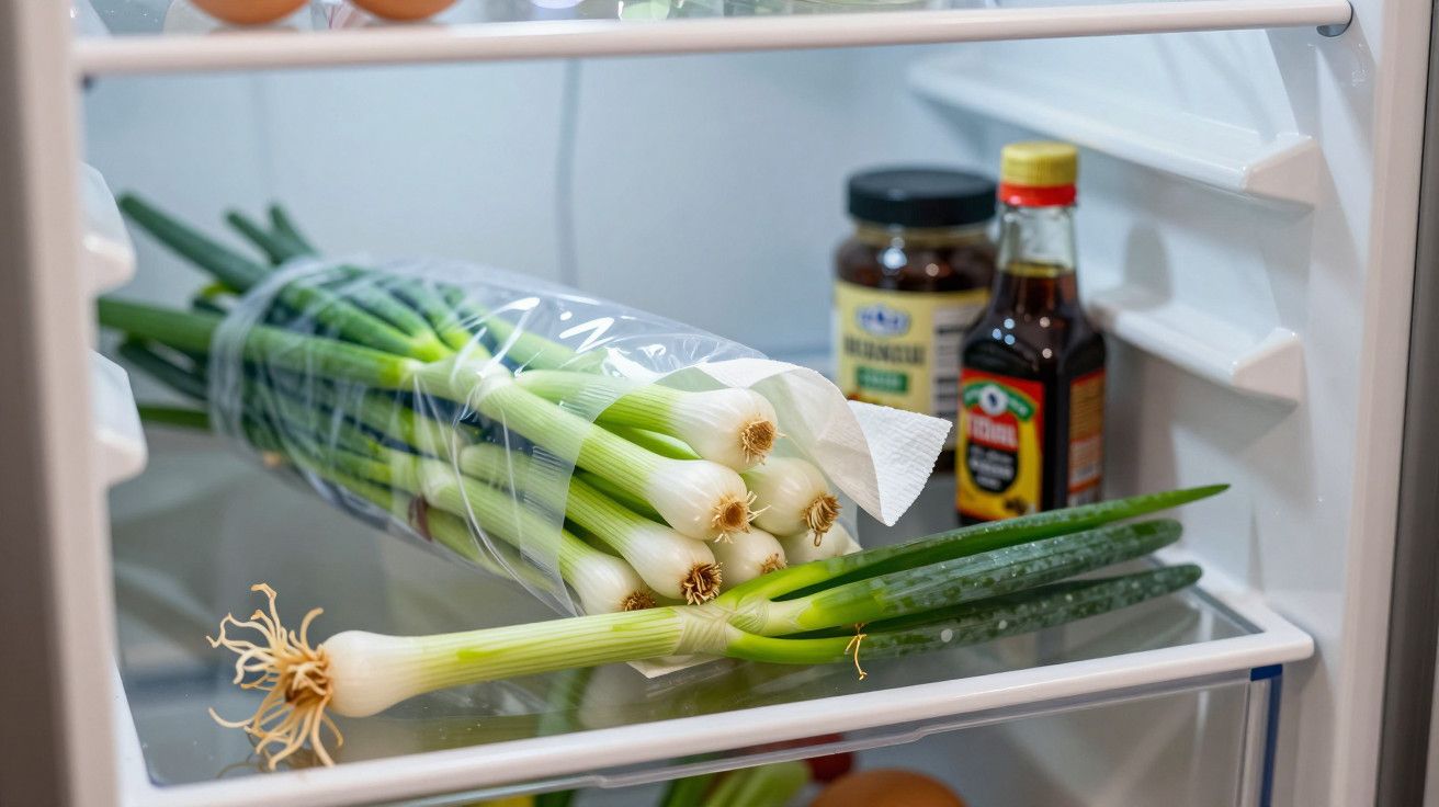 Cebolinho fresco numa prateleira de frigorífico ao lado de frascos de condimentos e garrafas pequenas.