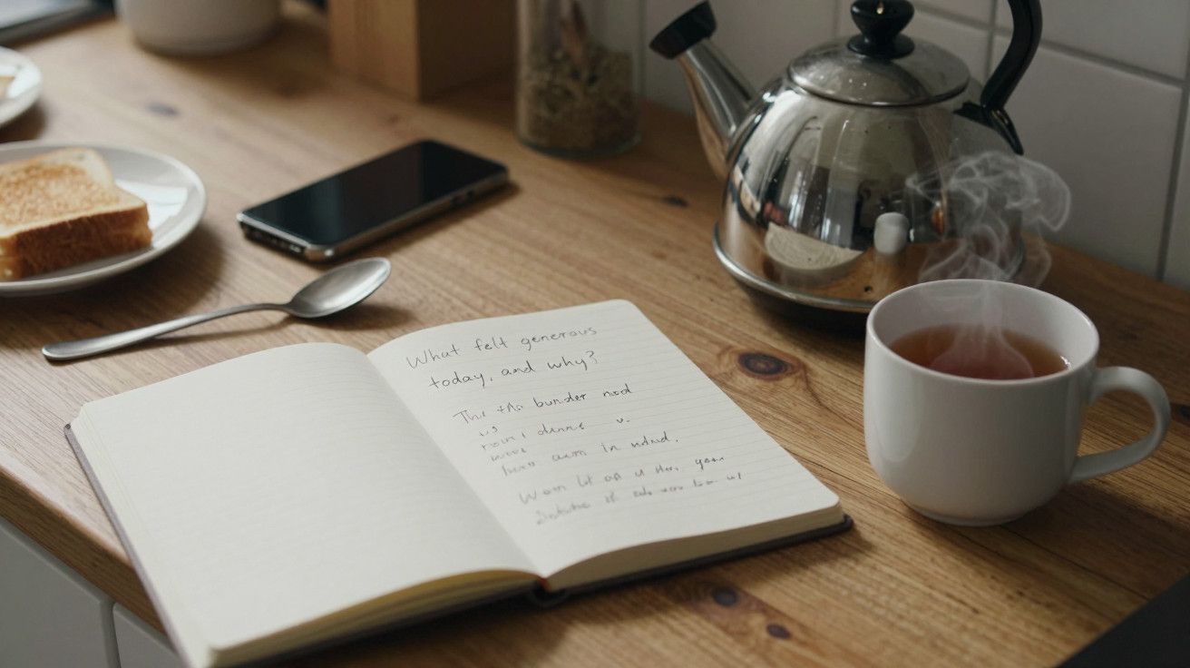Chávena de chá fumegante ao lado de um bule, caderno aberto, telemóvel e torrada sobre uma mesa de madeira.