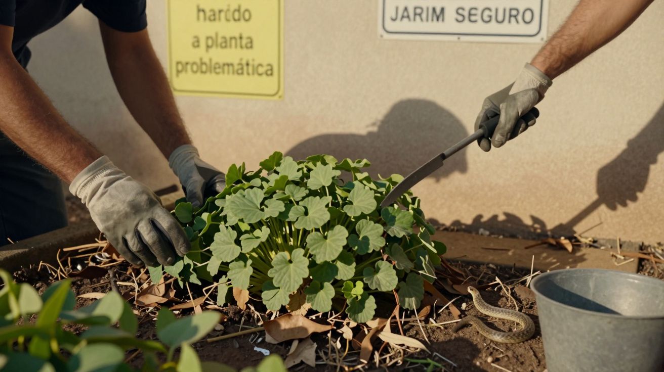 Pessoas removendo ervas daninhas de um jardim, com uma cobra visível no solo, usando luvas e ferramentas.