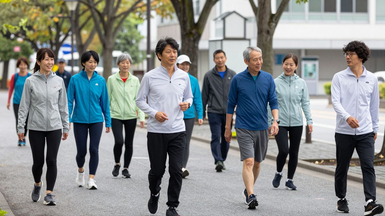 Grupo de pessoas a caminhar em conjunto numa rua arborizada, vestindo roupas desportivas, num ambiente urbano.
