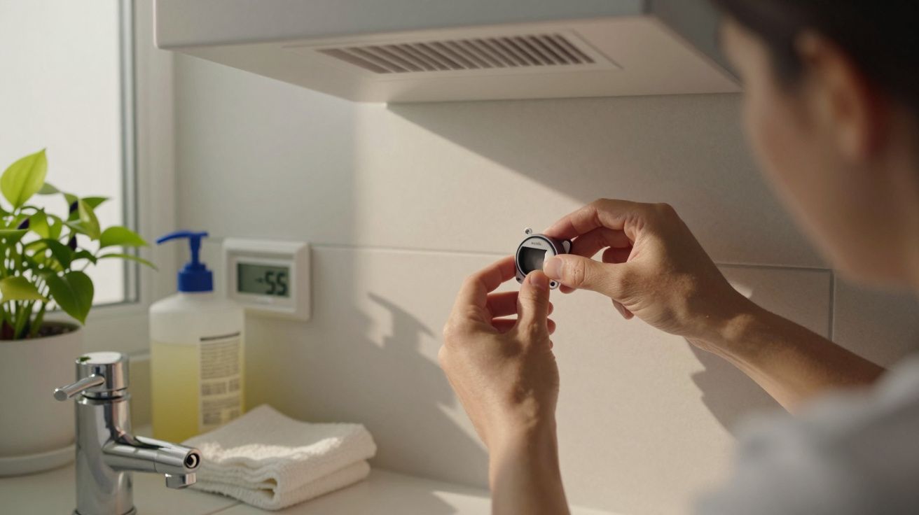 Pessoa ajusta um termostato digital na parede de uma casa de banho com planta e sabonete ao lado da torneira.
