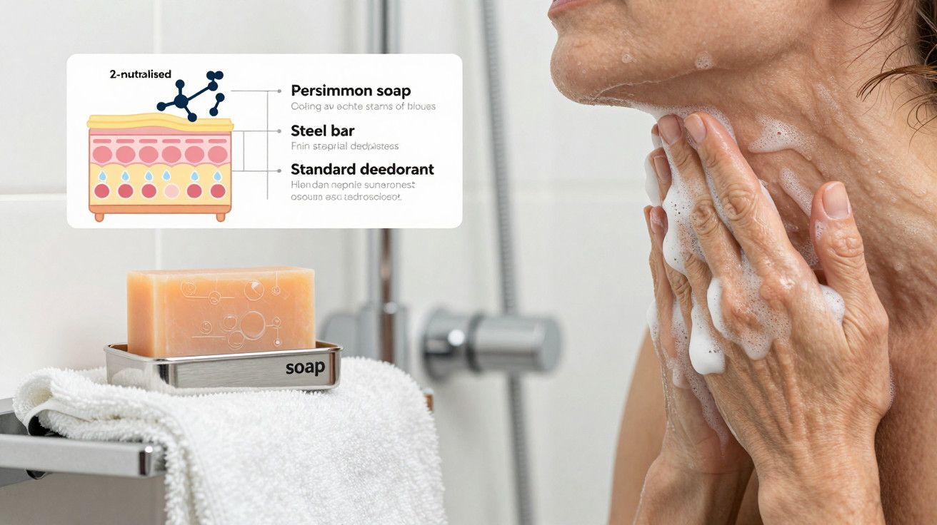 Mulher idosa num banho, coberta de espuma, sorrindo, com toalha e sabonetes numa prateleira ao lado.