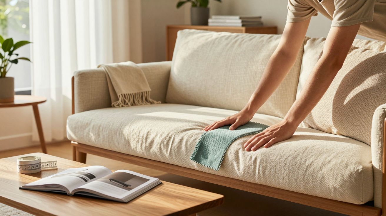 Pessoa a limpar um sofá bege com um pano, numa sala iluminada. Há uma revista aberta na mesa de centro.