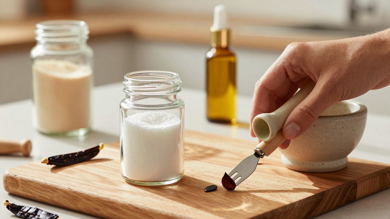 Mão a usar espátula em tinta preta, ao lado de frascos de vidro e tigela, sobre tábua de madeira na cozinha.