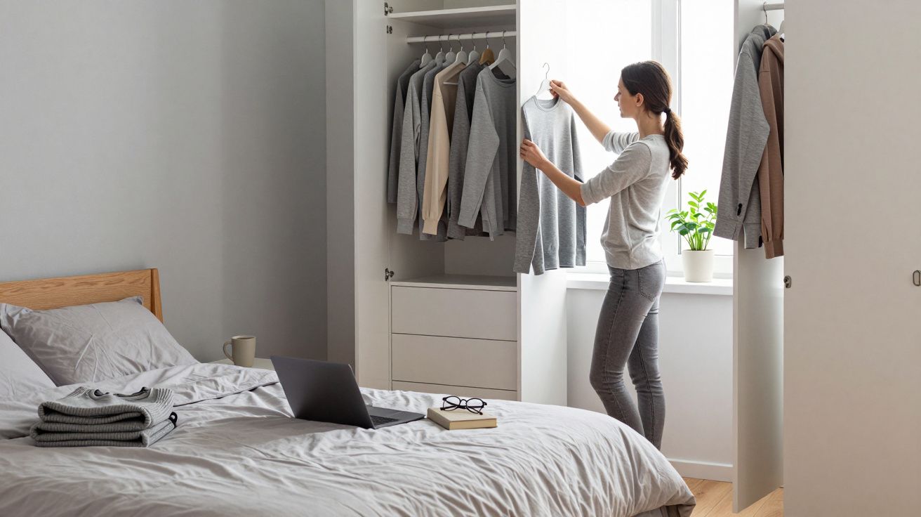 Mulher organiza roupa num armário ao lado de uma cama com laptop, livro e óculos. Quarto claro e minimalista.