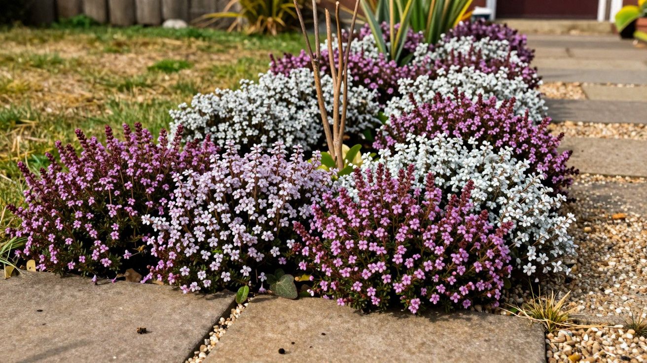 Pétalas lilás, brancas e roxas em arbustos baixos numa calçada de pedra com relva e seixos.