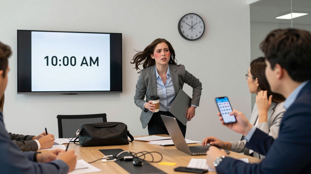 Mulher apressada entra em reunião às 10:00, segurando café e portátil, enquanto colegas a observam.