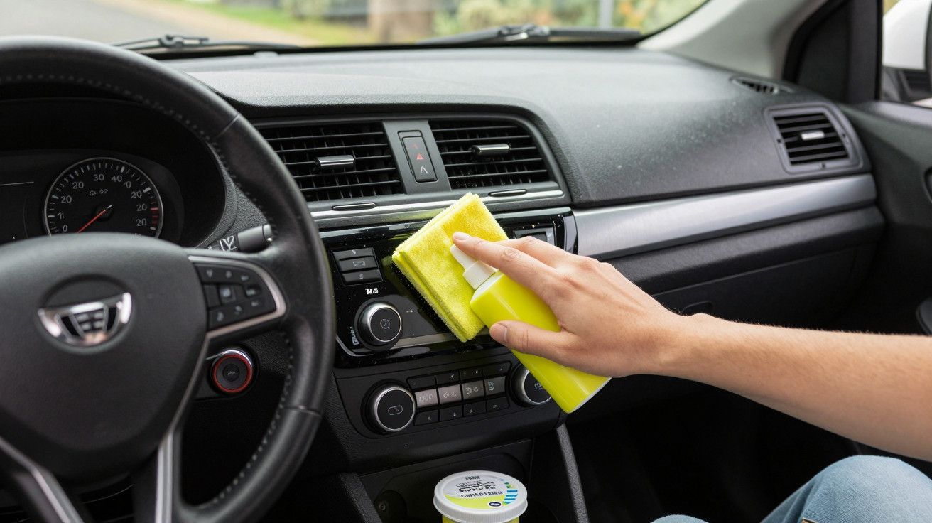 Pessoa a limpar o painel do carro com pano amarelo e produto de limpeza, volante à esquerda.