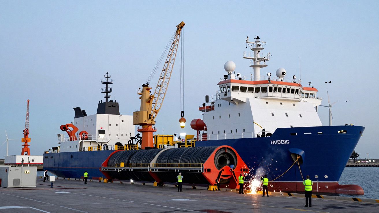 Navio azul e branco com grua, atracado em porto. Pessoal com coletes de segurança trabalha próximo a equipamento cilíndrico.