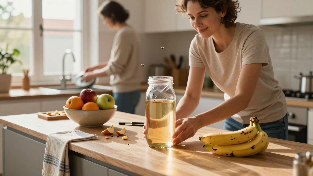 Mulher posiciona jarro de vidro na ilha da cozinha com bananas e maçãs; outra mulher ao fundo junto à pia.
