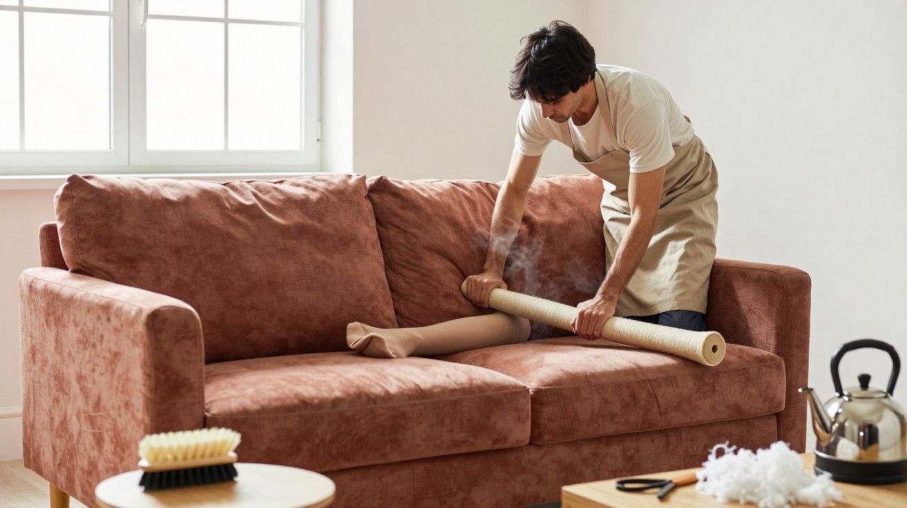 Homem em avental enruga papel sobre um sofá castanho num ambiente de sala de estar iluminada.