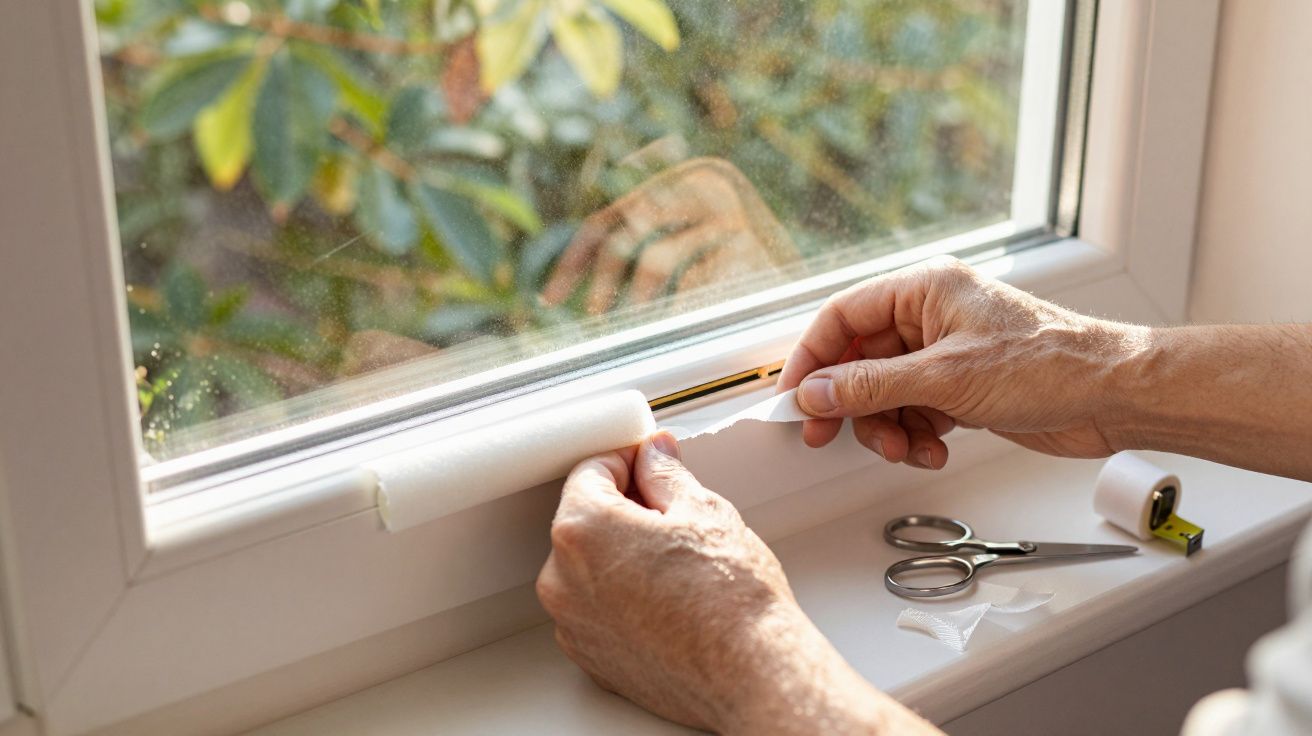 Mãos a aplicar isolamento na janela, com tesoura e fita métrica ao lado.