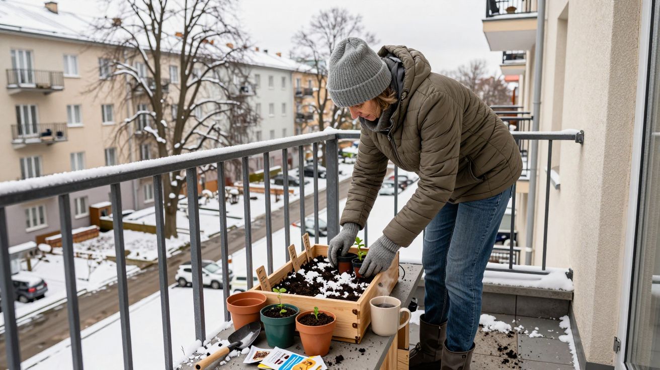 Pessoa em varanda a plantar vasos, rodeada de neve, usa casaco e gorro. Ao fundo, edifícios e árvores.