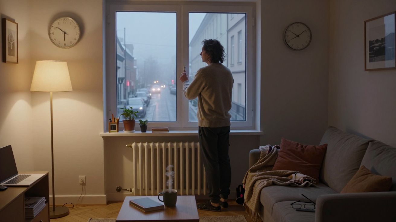 Pessoa de pé junto à janela, olhando para a rua, com luz suave de abajur, e sala decorada de forma acolhedora.