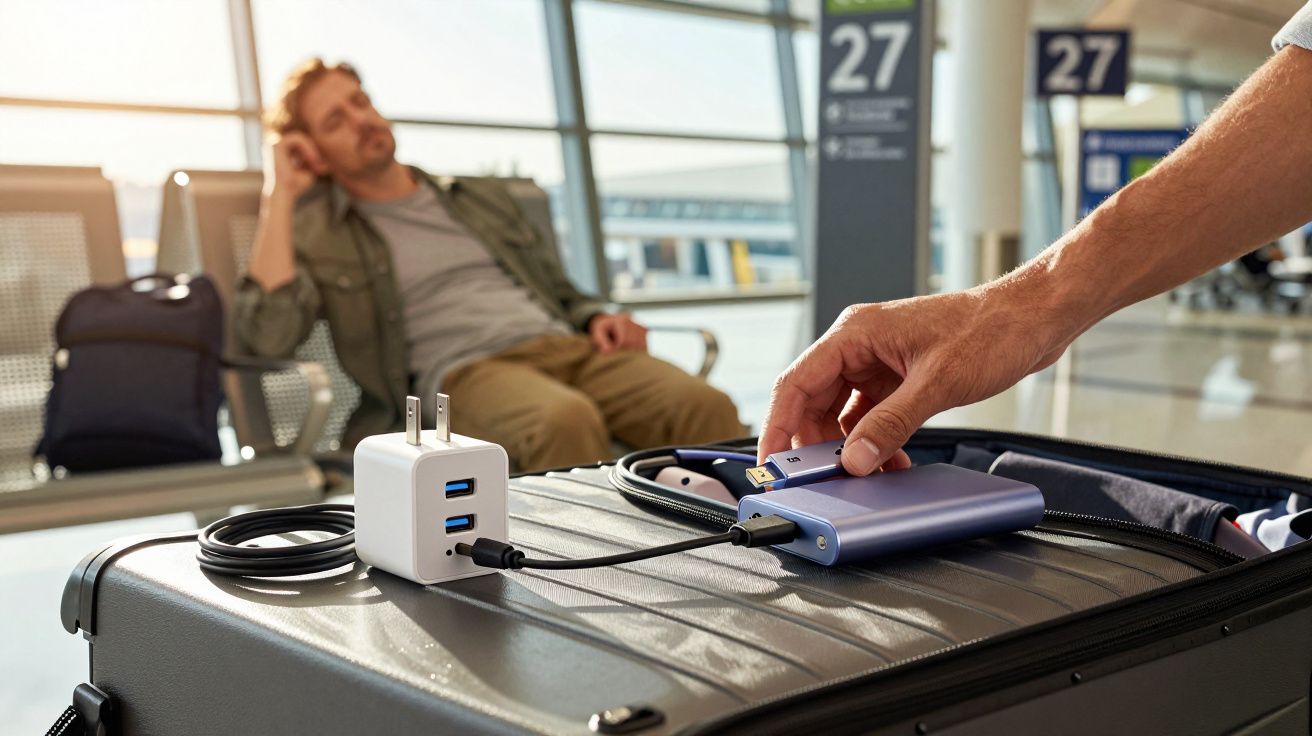 Mão conecta power bank a carregador numa mala no aeroporto, homem desfocado sentado ao fundo.