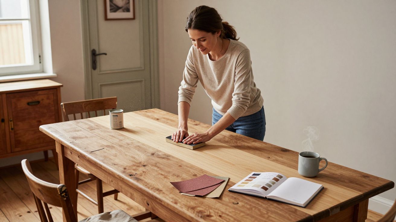 Mulher a lixar uma mesa de madeira numa sala, com uma chávena e amostras de madeira ao lado.